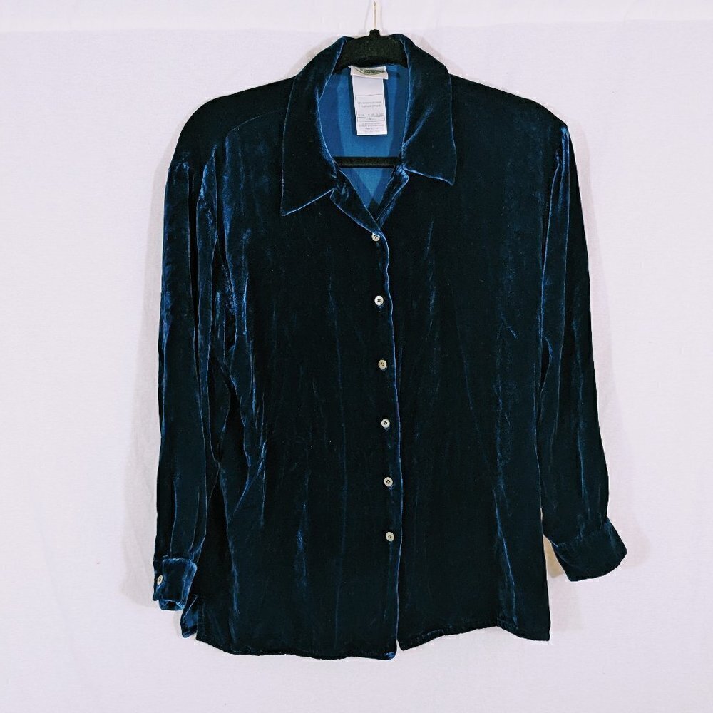 Vintage Laura Ashley Blue Velvet Button Down Top Size S